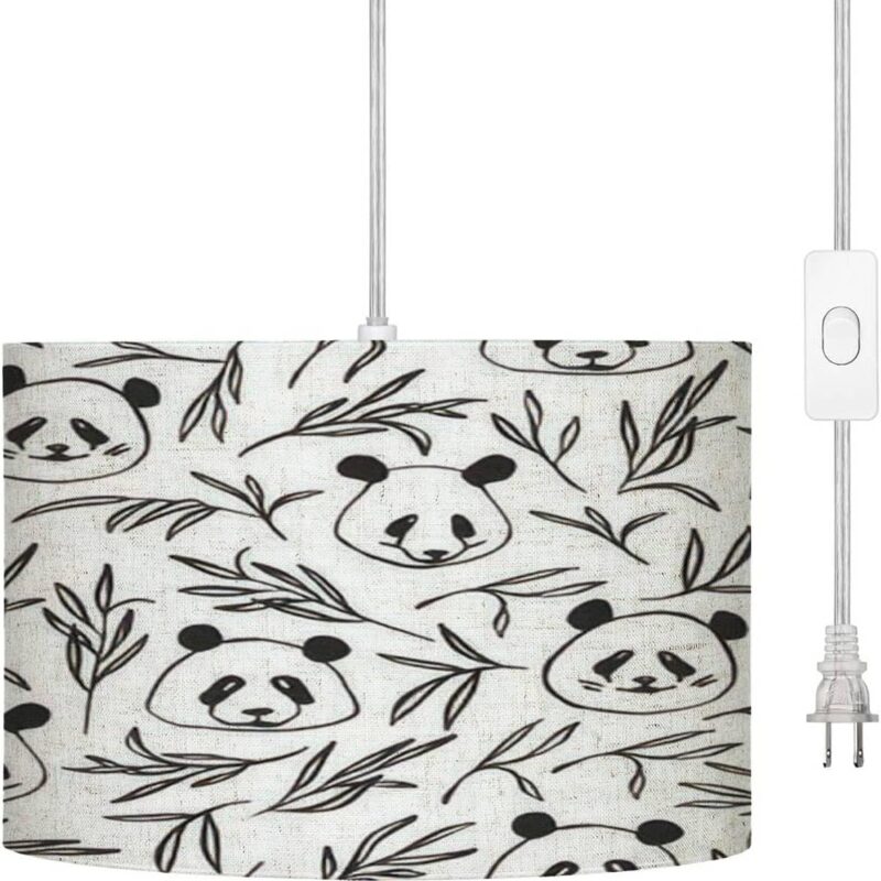 Plug in Pendant Light Panda Black Bamboo Leaves Design Botanical Fun Cute Hanging Lamp with Plug in Cord 16.4 ft Dimmable Switch Fabric Shade Hanging Light for Bedroom Nursery Decor