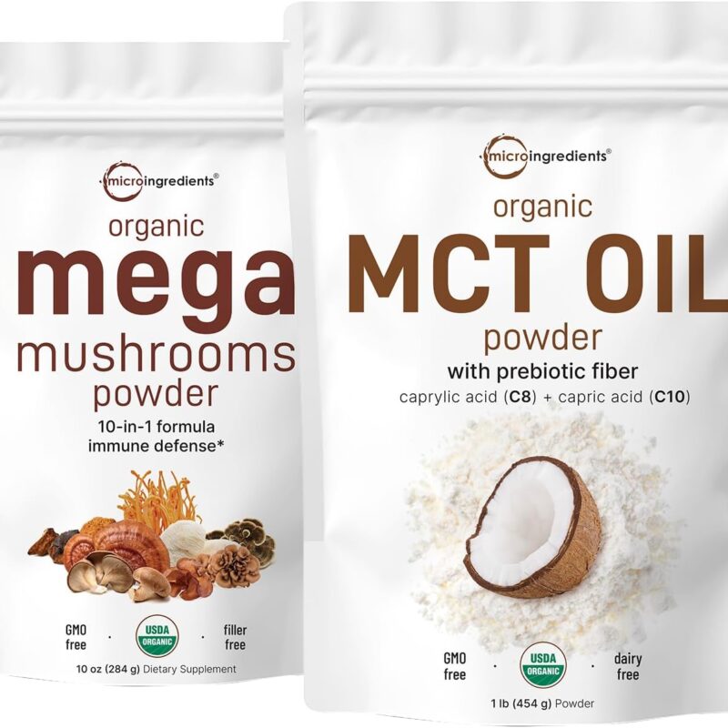 71shq2zLTL._AC_SL1500_.jpg Micro Ingredients Organic Mega Mushroom Powder 10oz & Organic MCT Oil Powder 1lb Bundle 2 Pack | 10 in 1 Mushroom Complex | C8 MCT Oil, Plant Based Creamer