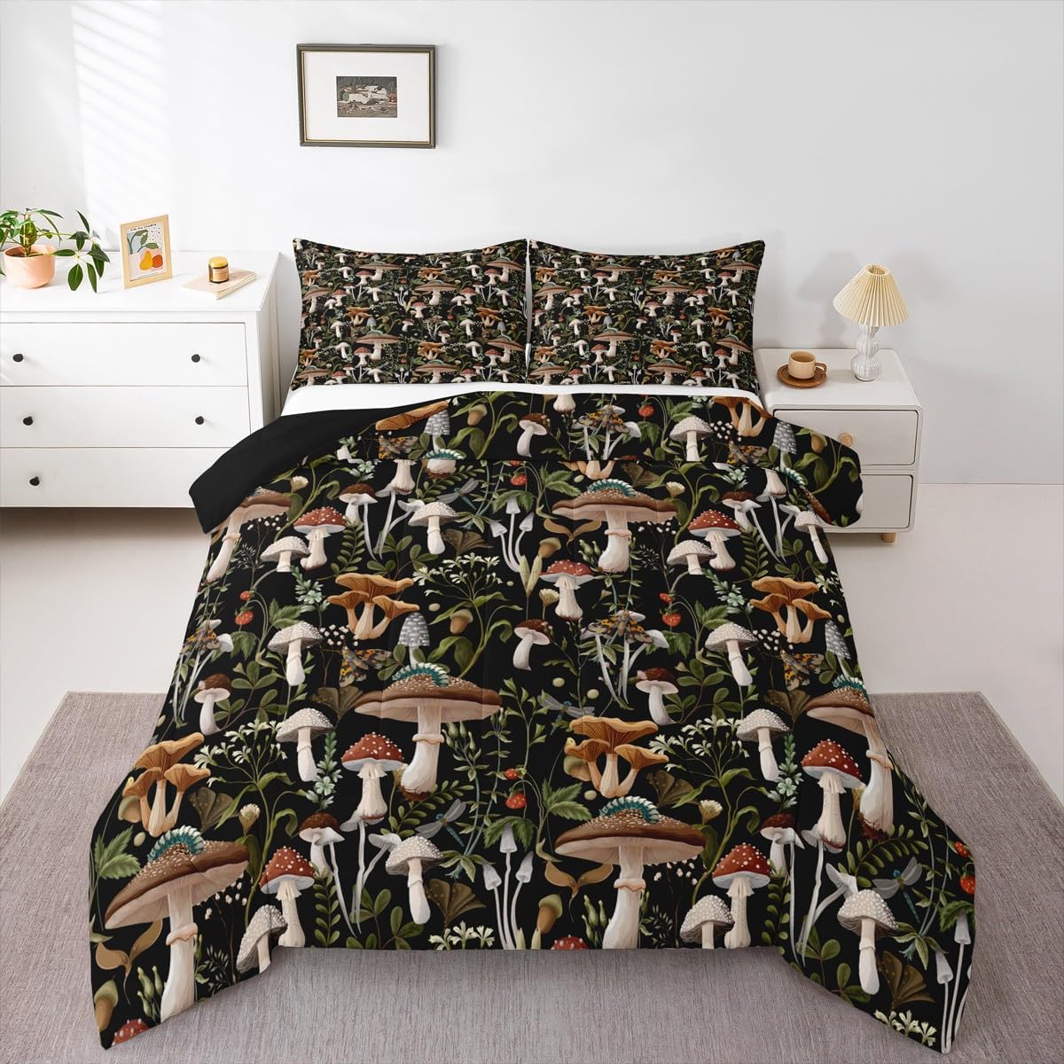 71tGQV9IScL._AC_SL1200_.jpg Castle Fairy Mushroom Comforter Set King Size Red Strawberry Trippy Mushrooms Bedding for Girls Boys Kids Room Decor Jungle Rustic Wild Plants Palm Leaves Soft Chic Quilted Duvet with 2 Pillowcases - Image 4