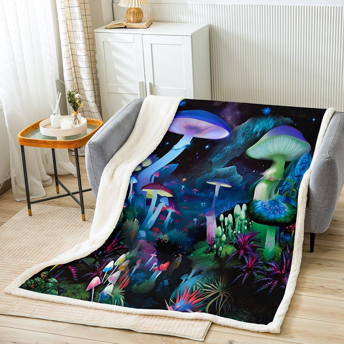 71trAilhm8L._AC_SL1200_.jpg Mushroom Sherpa Blanket Magical Botanical Plush Blanket Throw Kawaii Umbrella Mushroom Fleece Bed Blanket For Kids Boys Girls Psychedelic Mushroom Farmhosue Fuzzy Blanket Sofa Decor Queen 90"x90" - Image 2