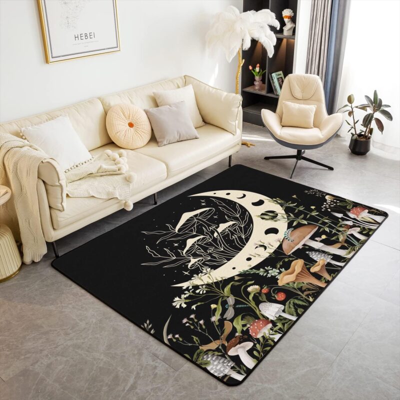 jejeloiu Cute Mushroom Decor Area Rug 3x5 Living Room Rugs Cartoon Mushrooms Living Room Rugs Kawaii Fungus Decorative Carpet Moon Print Accent Rug