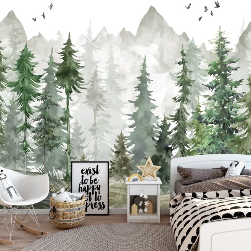 Forest Wallpaper Watercolor Green Woodland Mural Wallpaper for Nursery Room (Not Peel n' Stick)