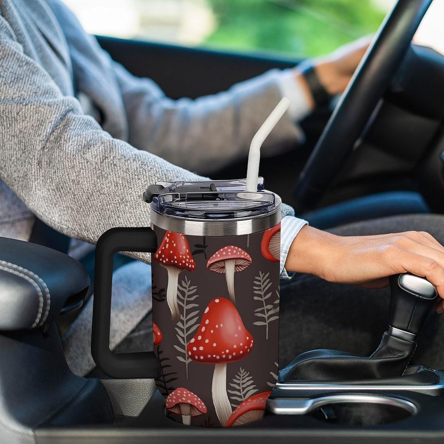 71uWpKGuR9L._AC_SL1500_.jpg 40oz Tumbler with Handle And Straw Travel Coffee Mug Red Mushrooms Printed Insulated Water Bottle Stainless Steel Insulated Cup for Self Driving Or Traveling - Image 7