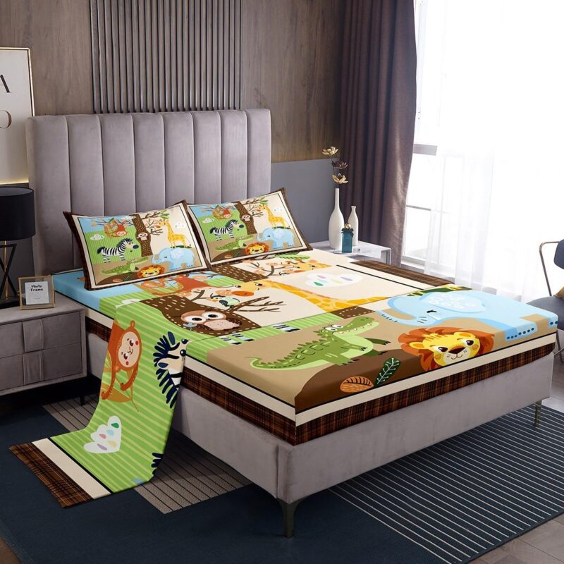 Feelyou Crib Safari Animals Bed Sheets Set King, Cartoon Crocodile Elephant Sheet Set Yellow Giraffe Sheets with Deep Pocket Fitted Sheet Kids Nursery Jungle Animals Bedding Set Soft Bed Set