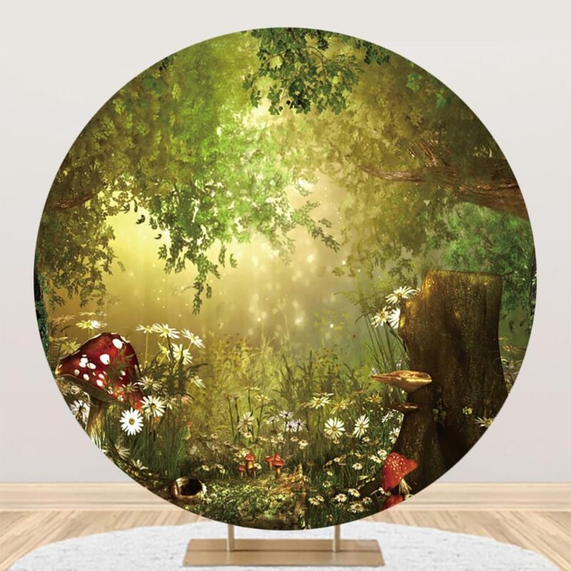 Renaiss 7.5x7.5ft Enchanted Forest Round Backdrop Cover Red Mushroom Daisy Flower Stump Magic Green Tree Circle Photography Background Fairytale Baby Shower Birthday Party Decor Arch Photo Booth Props