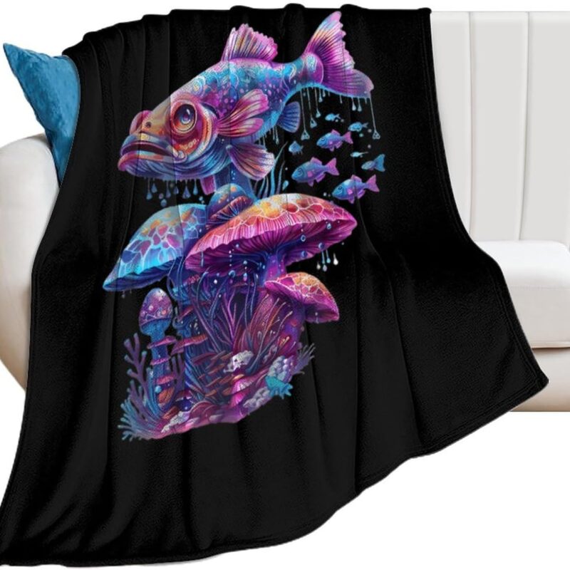 Glowing Magic Mushroom Fishes Throw Blanket Flannel Bed Blankets Lightweight for Couch Sofa Office Car