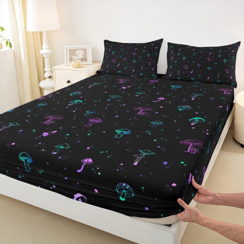 Neon Mushroom Fitted Sheet Queen Size,Colorful Mushroom Bedding Set 3pcs for Kids Girls Teens Room Decor Glowing Starry Galaxy Bed Sheet Tripppy Botanical Deep Pocket Sheet Black,2 Pillowcases