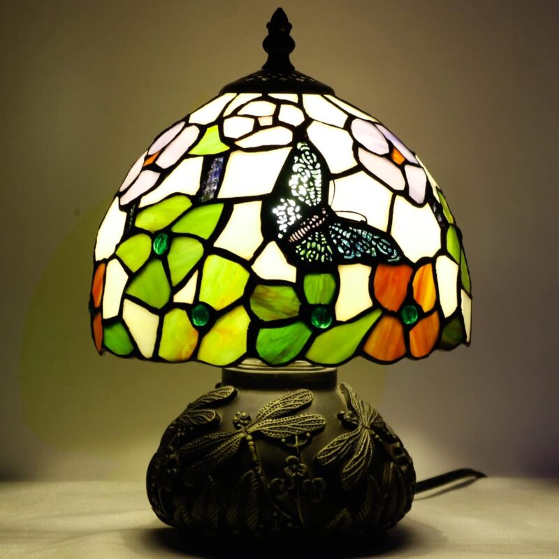 Small Tiffany Table Lamp Stained Glass Desk Lamp 8X8X11 Inch Accent Antique Light (Butterfly Flowers)