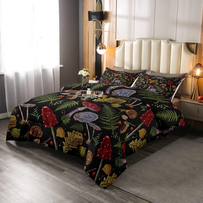 Kids Mushroom Comforter Set Mushrooms Snail Leaf Bedding Set for Boys Girls Teens Bedroom Nature Botanical Animal Decor Comforter Wild Plants Duvet Set Full Size 1 Comforter with 2 Pillow Case