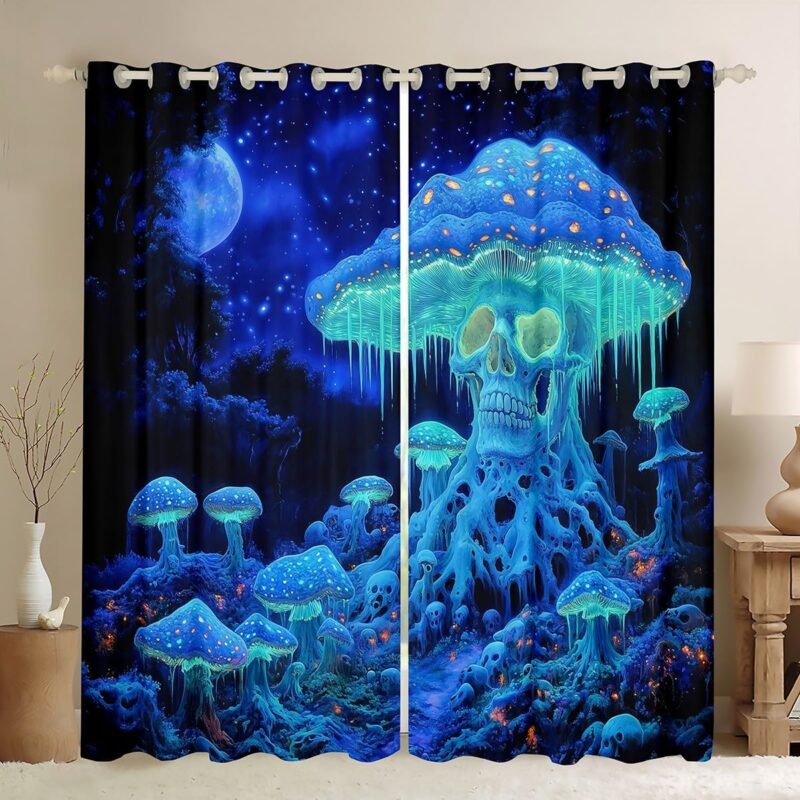 Manfei Mushroom Skull Window Curtain Set of 2 Panels,Halloween Moon Night Neon Blue Curtain,Mysterious Mushroom Jungle Gothic Skeleton Window Drapes for Kids Boys Room Decor,52Wx63L Inches