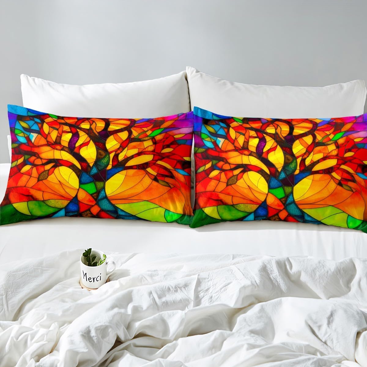 71yCjptXjML._AC_SL1200_.jpg Erosebridal Colorful Tree of Life Sheet Set King Stained Glass Artwork Tree of Life Bed Sheets Chic Exotic Tree Leaves Bedding Sheets for Kids Adults,Aesthetics Bed Sheet Set 4 Piece - Image 5