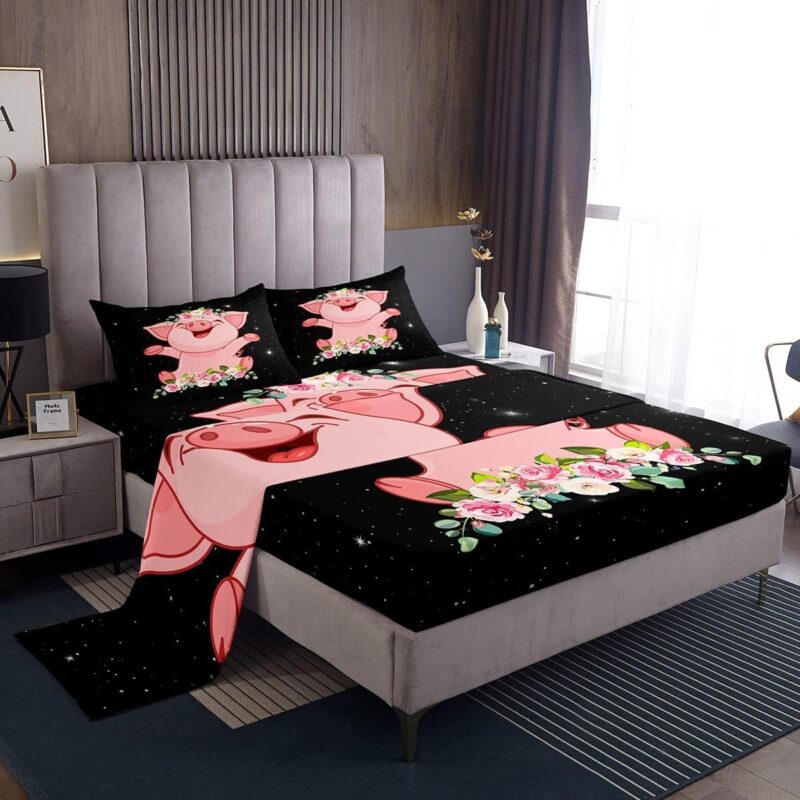 Erosebridal Pink Pig Fitted Sheet for Girls Kawaii Room Decor King, Rose Floral Leaf Bed Sheet for Kids Boys Children Cute Farm Animal Sheet Sets Cartoom Style Soft Lightweight Flat Sheet 4 Pieces