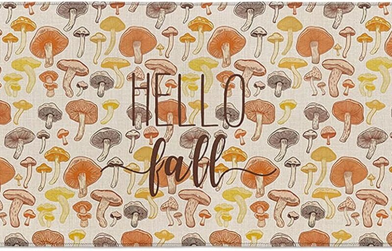 Non-Slip Rubber Backing Kitchen Runner Carpet Set, Thanksgiving Standing Mat for Baby Crawling/Bathroom/Living Room/Gate/Any Entrance, Fall Mushroom Hand Draw Vintage Burlap 23.6" x 70.9"