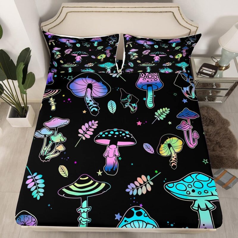 Mushroom Bedding Sets For Kids, Natural Wild Botanical Fitted Sheet Queen Size, Purple Starry Sky Bed Sheet For Girls Boys Teens Women,Branches Mushrooms Fitted Bed Sheets With 2 Pillow Cases,Colorful