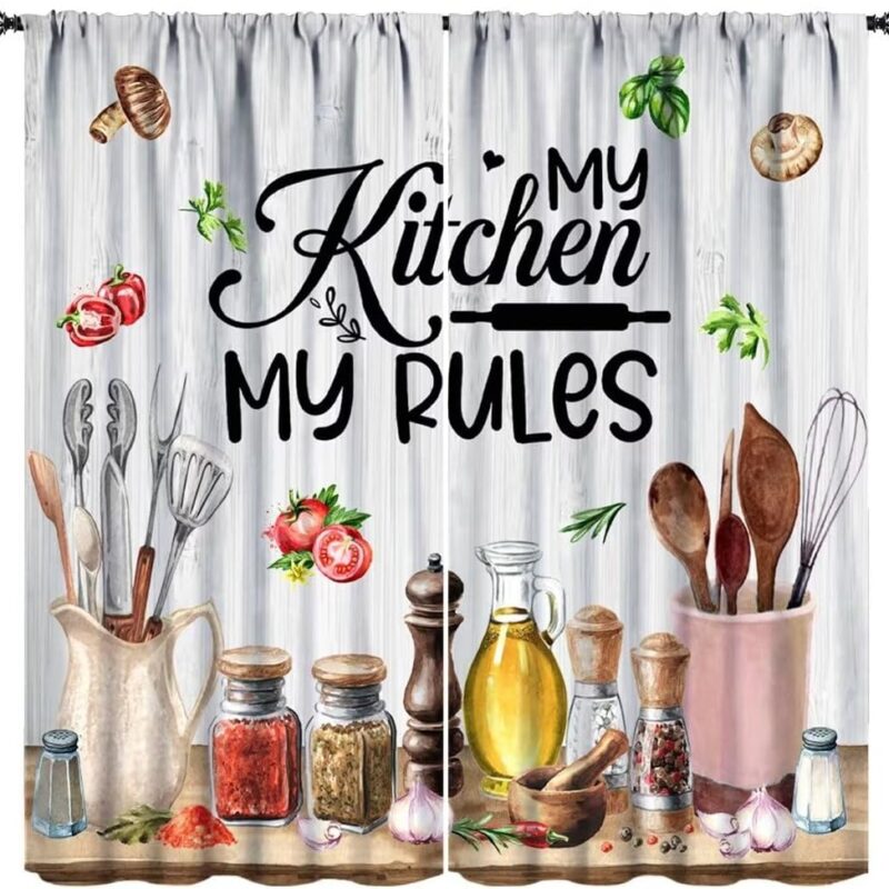 Rustic Kitchen Curtains, Vintage Farmhouse Country Fresh Vegetables Mushroom Herbs Spices Chili Pepper Funny Quotes Rod Pocket Window Curtains for Bedroom Living Room 52x84in