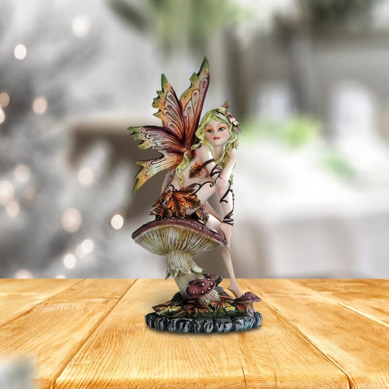 8" H Brown Butterfly Wings Autumn Fairy Sitting on Mushroom Figurine Statue Home/Room Decor Ideas for House Warming, Holidays and Birthdays Great Collectible Addition