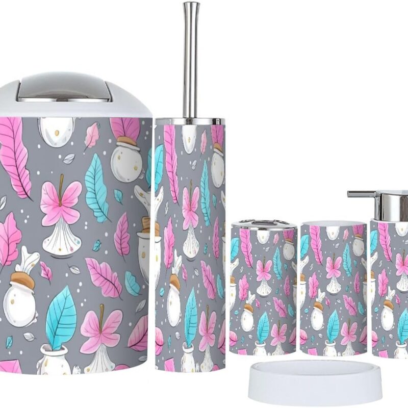 Bathroom Accessory Set 6 Piece Seamless Pattern Mushrooms Autumn Leaves Mushrooms Toothbrush Holder, Toothbrush Cup, Soap Dispenser, Soap Dish, Toilet Brush Holder, Trash can