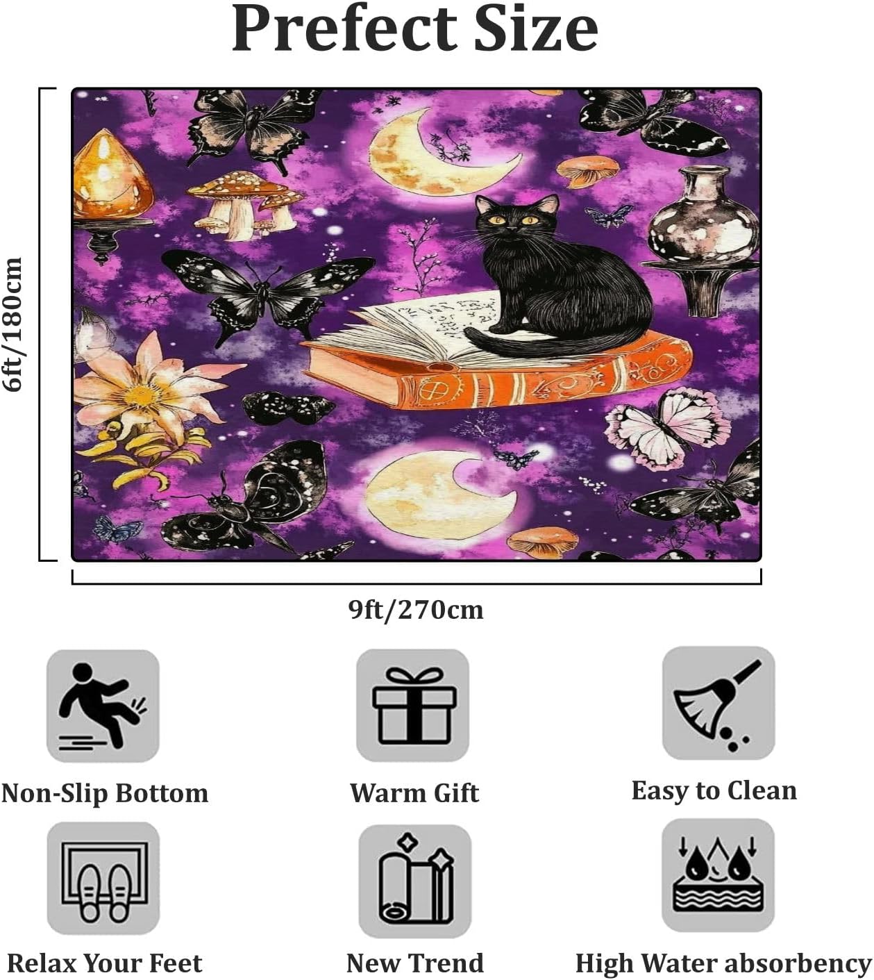 71zWuzEDIBL._AC_SL1500_.jpg Witches Craft Seamless Pattern Black Cats Moon Candle Mushrooms Spell Area Rug Outdoor Patio Rug Play Mat Modern Floor Carpet Non-Slip Home Decor Living Room Kids Bedroom Nursery, 6x9 ft - Image 2