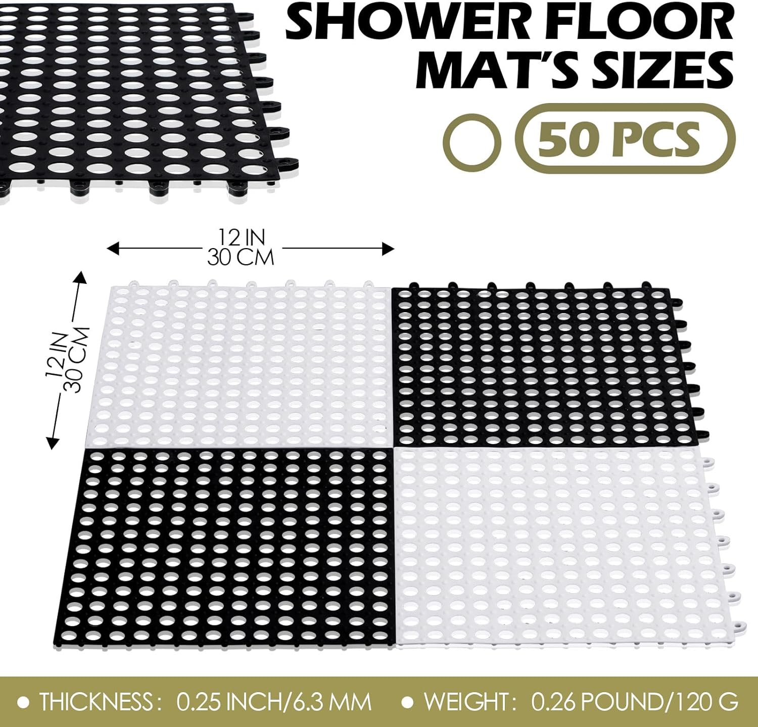 71zf32MnmoL._AC_SL1500_.jpg 50 Pcs Drainage Interlocking Floor Tiles, 12'' x 12'' Soft TPE Non Slip Shower Floor Tiles for Pool Bathroom Shower Balcony Patio Locker Room Basement Stairs(Black and White) - Image 2