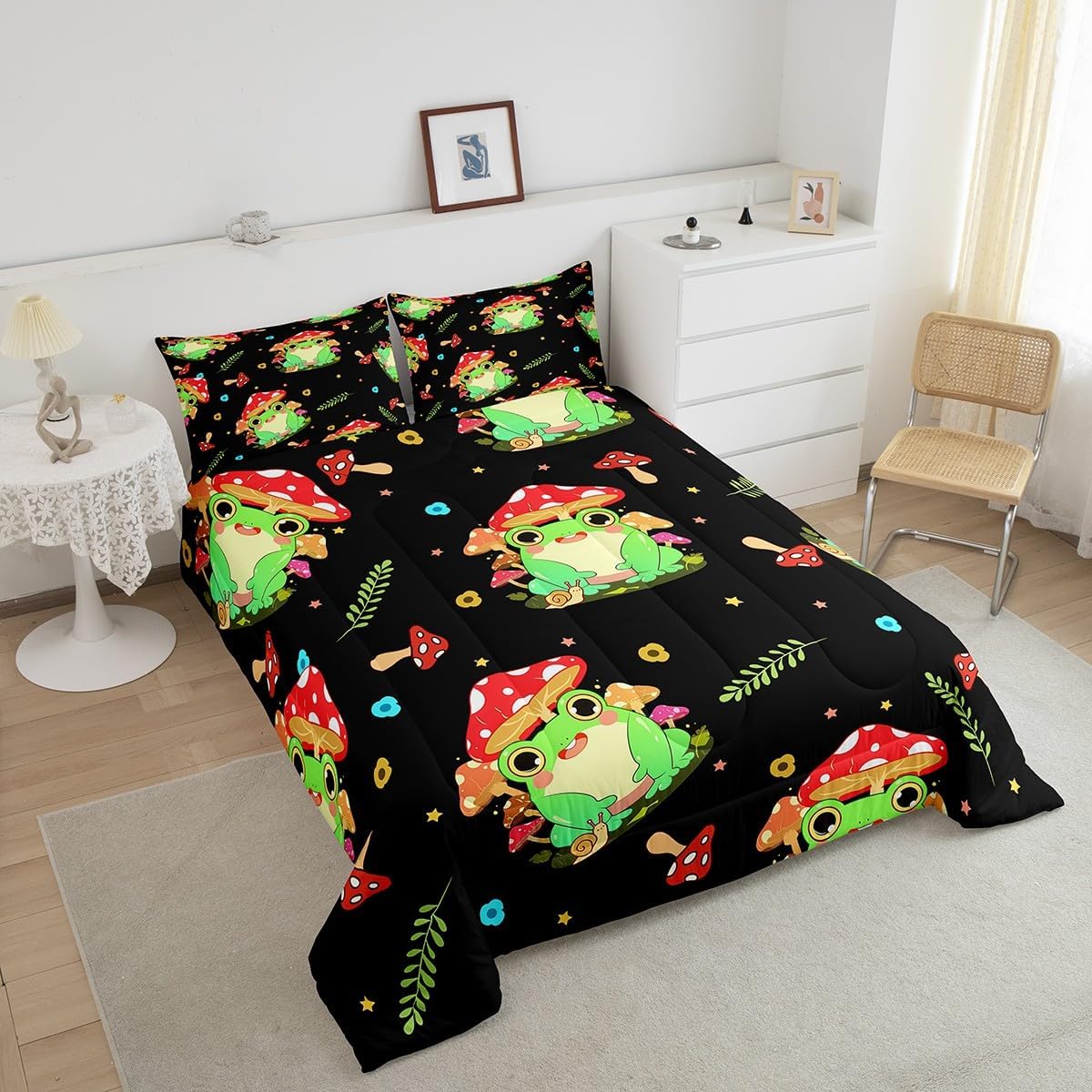71zirZJVf0L._AC_SL1200_.jpg Feelyou Cartoon Mushroom Frog Bedding Set Cute Mushroom Decor Comforter Kawaii Fungus Frog Comforter Set Frog Duvet Set Full Size Quilt - Image 3