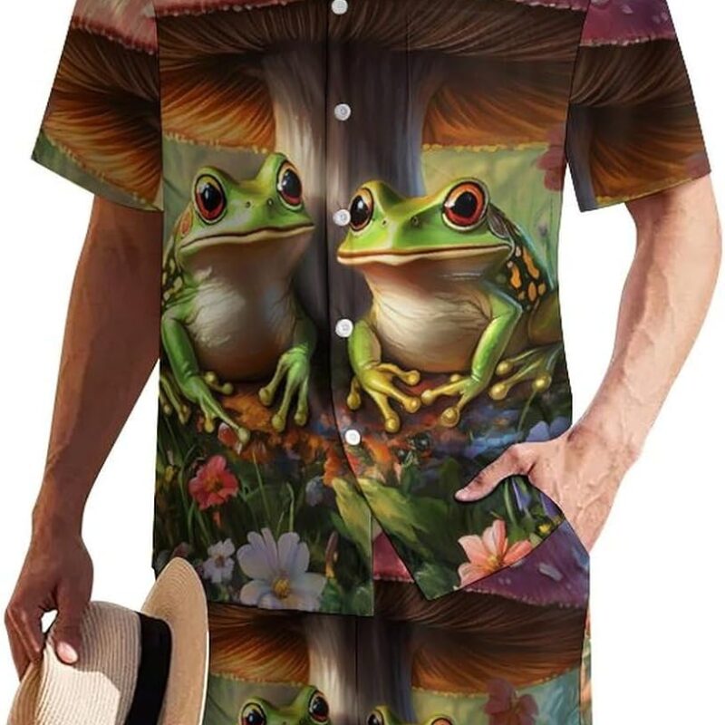 Frog Mushroom Hawaiian Shirt for Men Set Short Sleeve Shirts And Shorts Beach Shirt Tracksuit Outfits