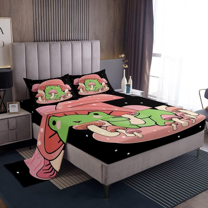 Feelyou Cartoon Mushroom Frog Bed Sheets Cute Frog Sheet Set for Kids Boys Girls Natural Wild Fungus Bed Set Pink Mushroom Bedding Sheets 1 Sheet Set with 2 Pillowcases Queen Size