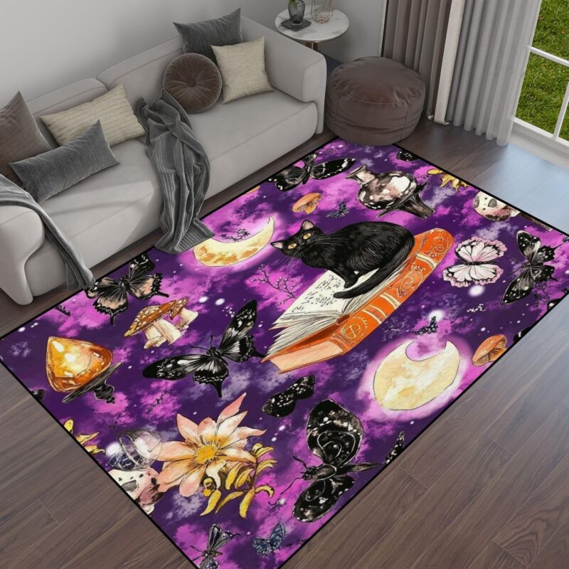 Witches Craft Seamless Pattern Black Cats Moon Candle Mushrooms Spell Area Rug Outdoor Patio Rug Play Mat Modern Floor Carpet Non-Slip Home Decor Living Room Kids Bedroom Nursery, 6x9 ft