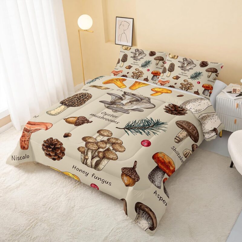 QOOMO Mushroom Kids Comforter Brown Mushroom Pattern Soft Lightweight Bed Set Wild Nature for Boys & Girls Teen Room Decoration Queen Size 1 Set 2 Pillowcases