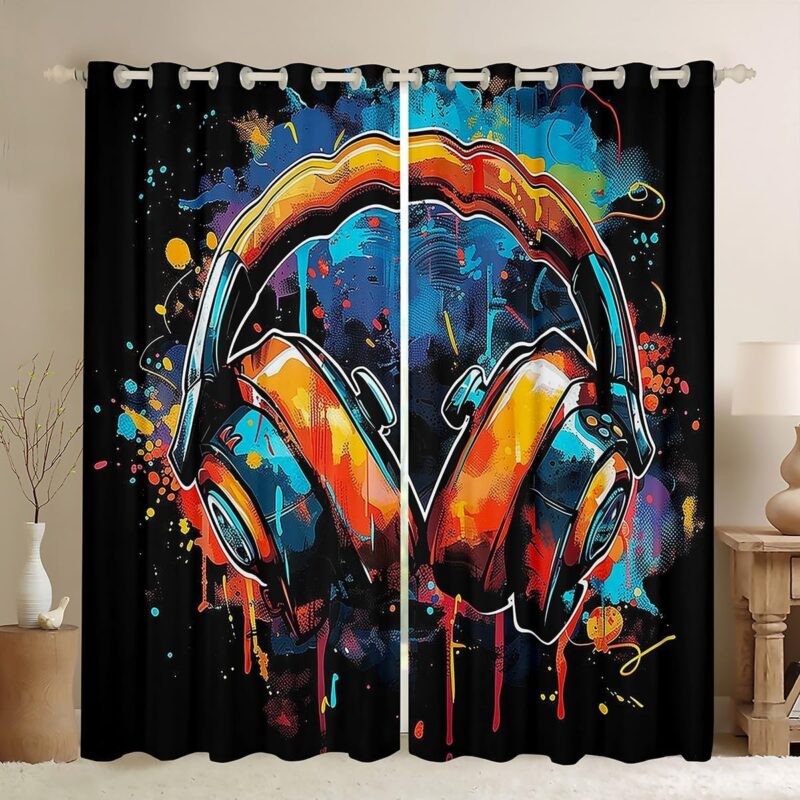 Erosebridal Headphones Curtains,Music Theme Headphone Curtains & Drapes for Kids Boys Girls,Musical Window Curtains for Bedroom,Grunge Colorful Graffiti Window Treatments 2 Panels 52" Wx63 L