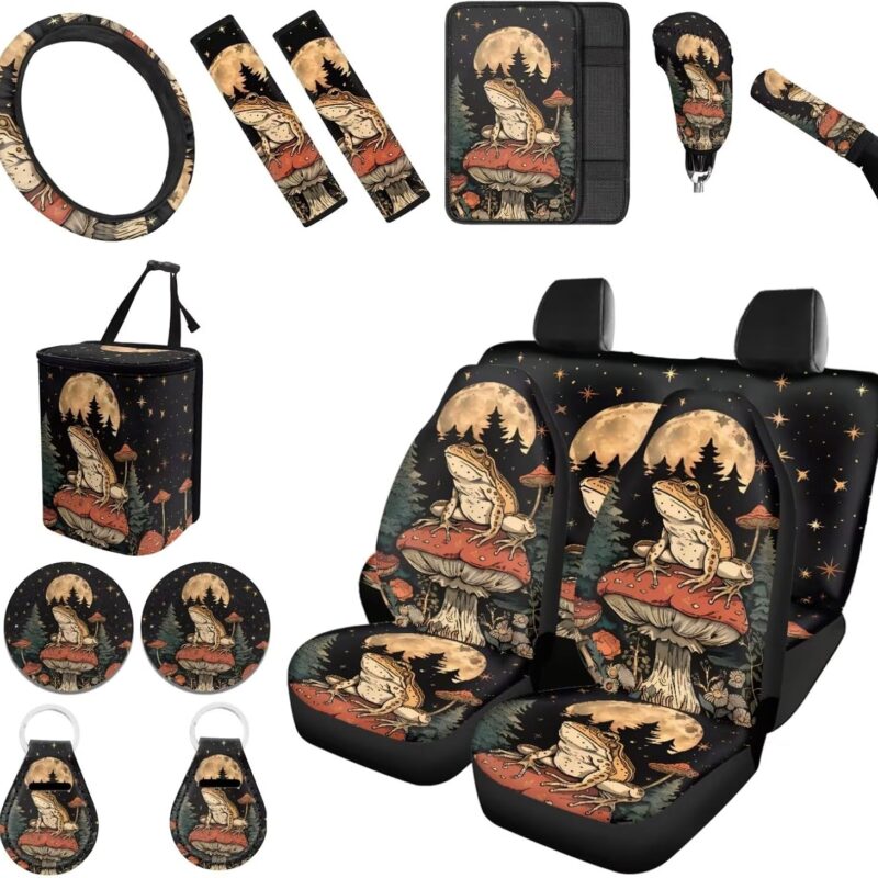Forchrinse Frog Mushroom Car Seat Covers for Women Mushroom Auto Accessories Set with Steering Wheel Cover Shoulder Armrest Pad Cup Coaster Keychain Trash Can Universal for SUV Truck