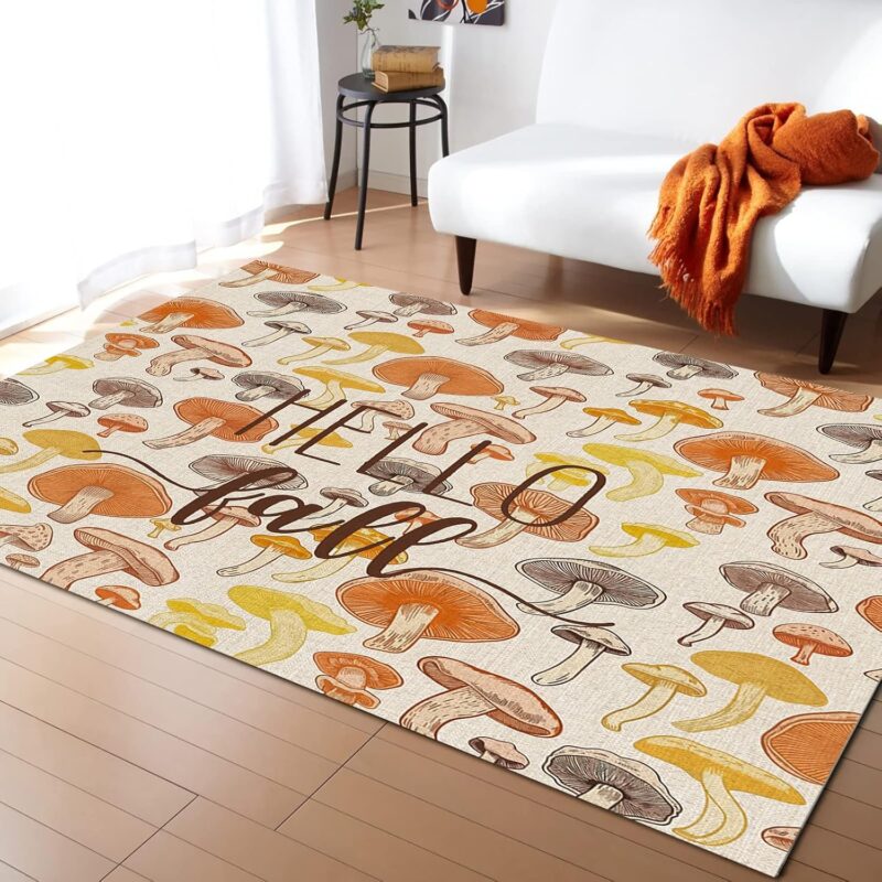 Thanksgiving Rectangle Shape Large Area Rugs - 4 x 6 Feet Fall Mushroom Hand Draw Vintage Burlap - (Non-Woven + Rubber) Low File Floor Mat