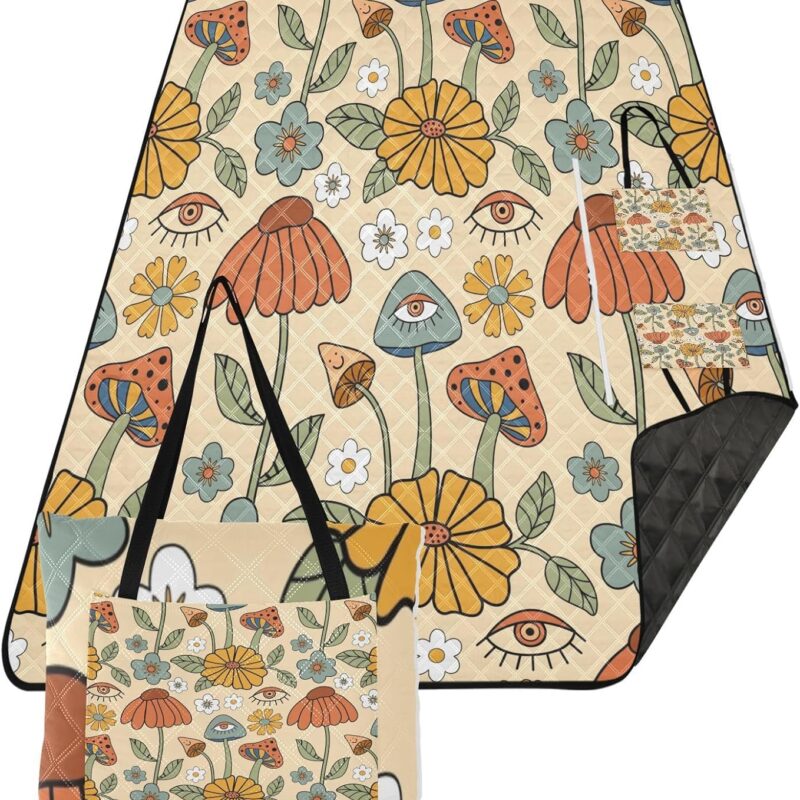 Mushroom Eyes Extra Large Picnic Outdoor Blanket, Foldable Beach Blanket Waterproof Sandproof Camping Mat for Family Travel Park Wet Grass Hiking Yoga, 80 x 118 Inch