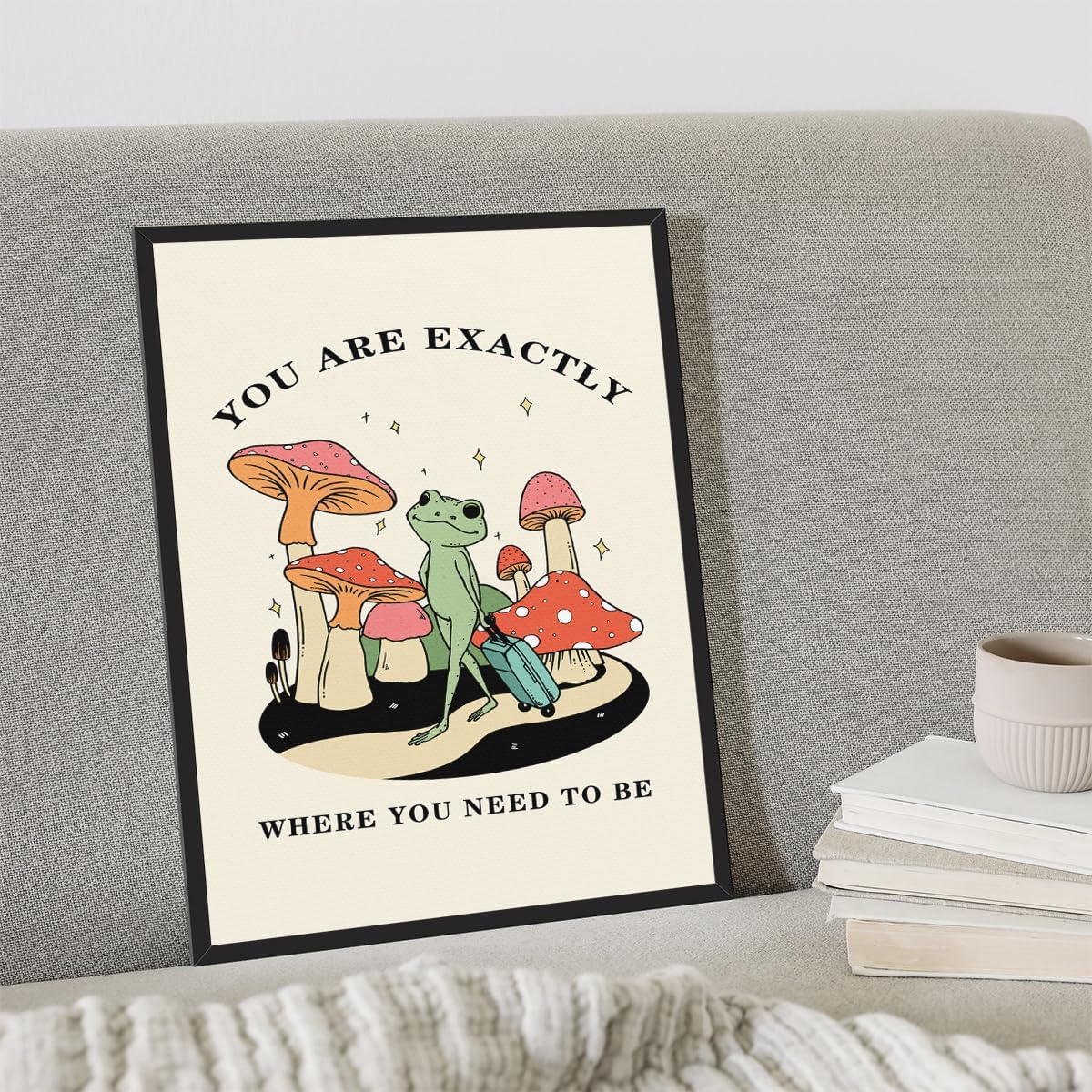 811dQcub6XL._AC_SL1200_.jpg Frog Canvas Wall Art, Mushroom Aesthetic Poster, Motivational You Are Exactly Where You Need To Be Print, Cute Travel Frog Positive Quote Poster, Vintage Froggy Picture 24x36in Framed - Image 2