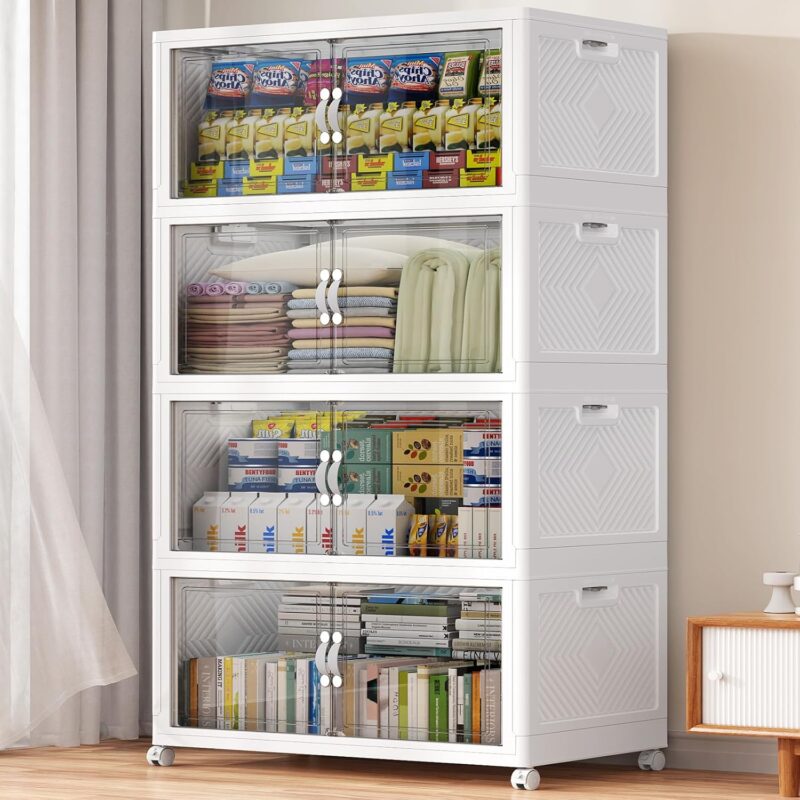 811q5XksGfL._AC_SL1500_.jpg V20 640QT Stackable Storage Bins with Lid, 160Gal Plastic Box, Collapsible Containers with Wheels, Foldable Cabinets with Doors, Closet Organizer, 4Pack White