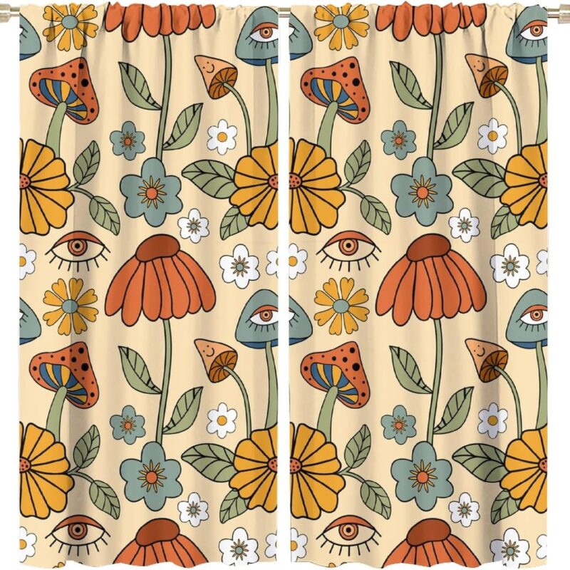 Retro Boho Floral Mushroom Curtains, Funky Mushrooms Flowers and Eyes Trippy Hippie Vintage Cottage Blackout Rod Pocket Windows Door Curtain for Bedroom Living Room Home Decor 84x84in