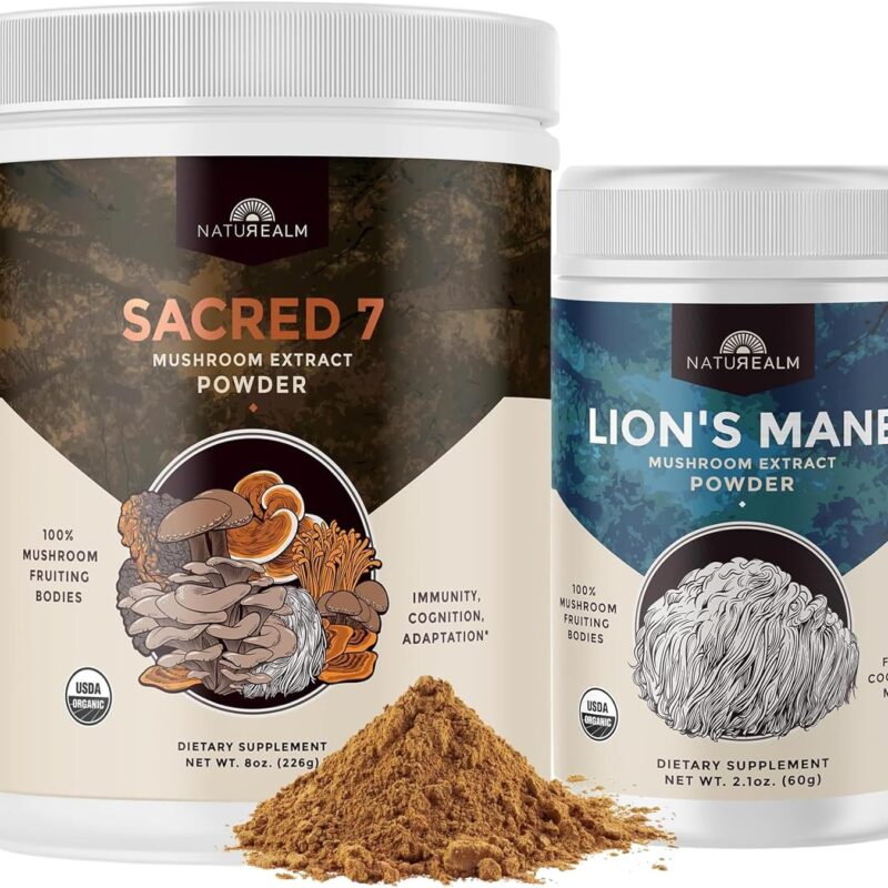 Brain & Focus Bundle – Sacred 7 Mushroom Coffee Booster 226 Serving + Organic Lion’s Mane Powder 60 Serving | Nootropic Mushroom Supplement for Memory, Clarity & Energy | 100% Organic Fruiting Bodies
