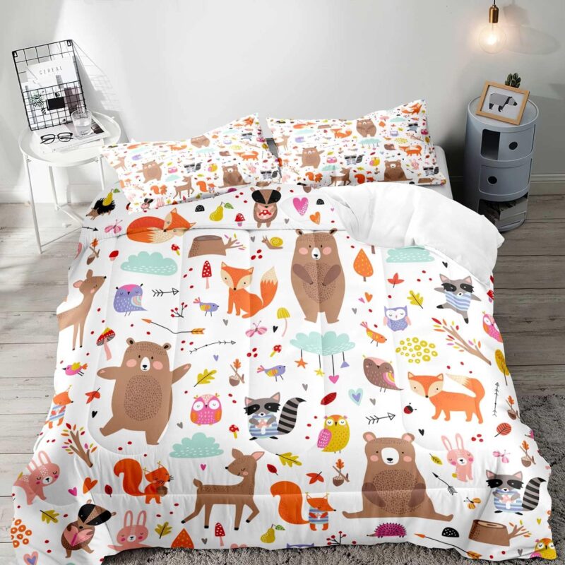 LUVIVIHOME 3PCS Cute Animal Bedding Queen Comforter Set for Girls Boys, Cartoon Bear Deer Fox Owl Rabbit Hedgehog Racoon Mushroom Rainbow Nursery Toddler Kids Bedroom Decor White Quilt, 2 Pillow Shams