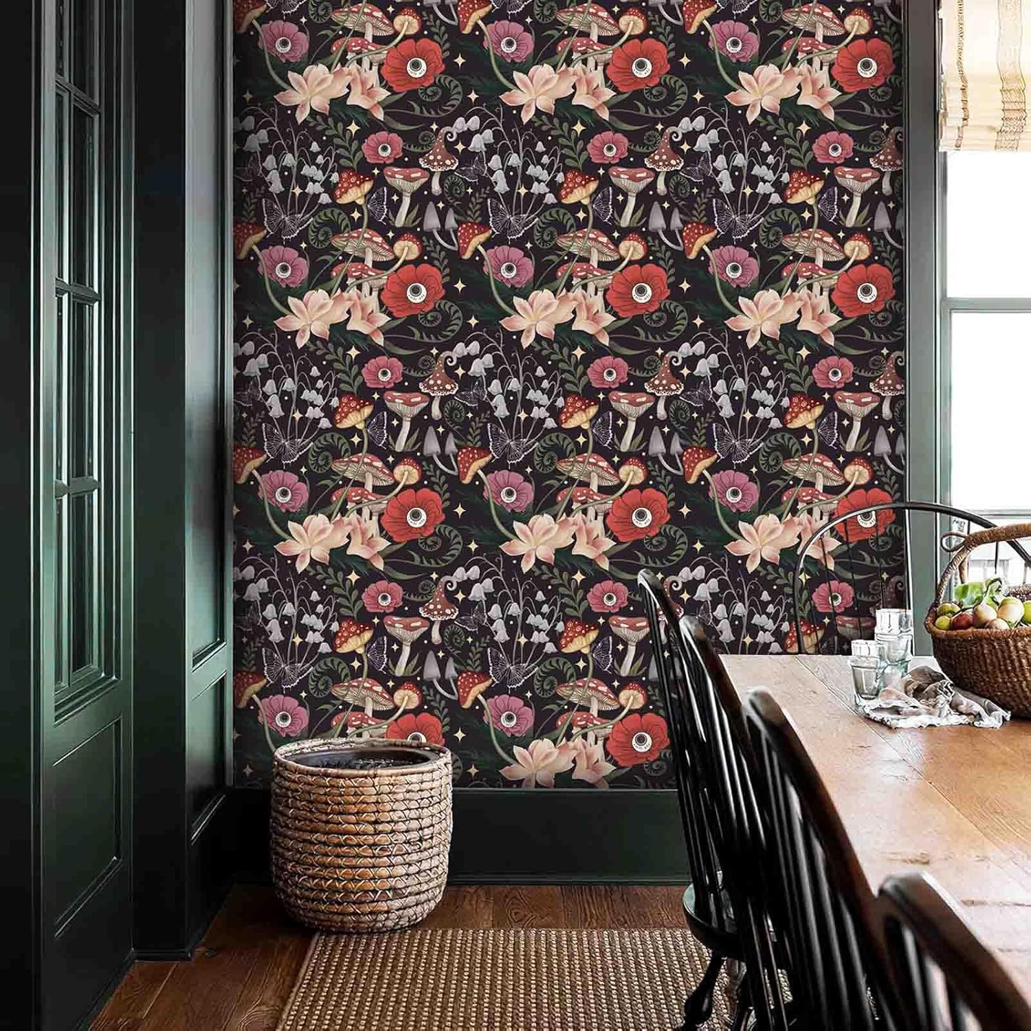 815Rgub6lkL._AC_SL1500_.jpg Abyssaly 17.7in x 236in Mushroom Wallpaper Peel and Stick Boho, Black Floral Forest Contact Paper+17.7in x 236in Mushroom Peel and Stick Wallpaper Boho, Forest Floral Removable Contact Paper - Image 3