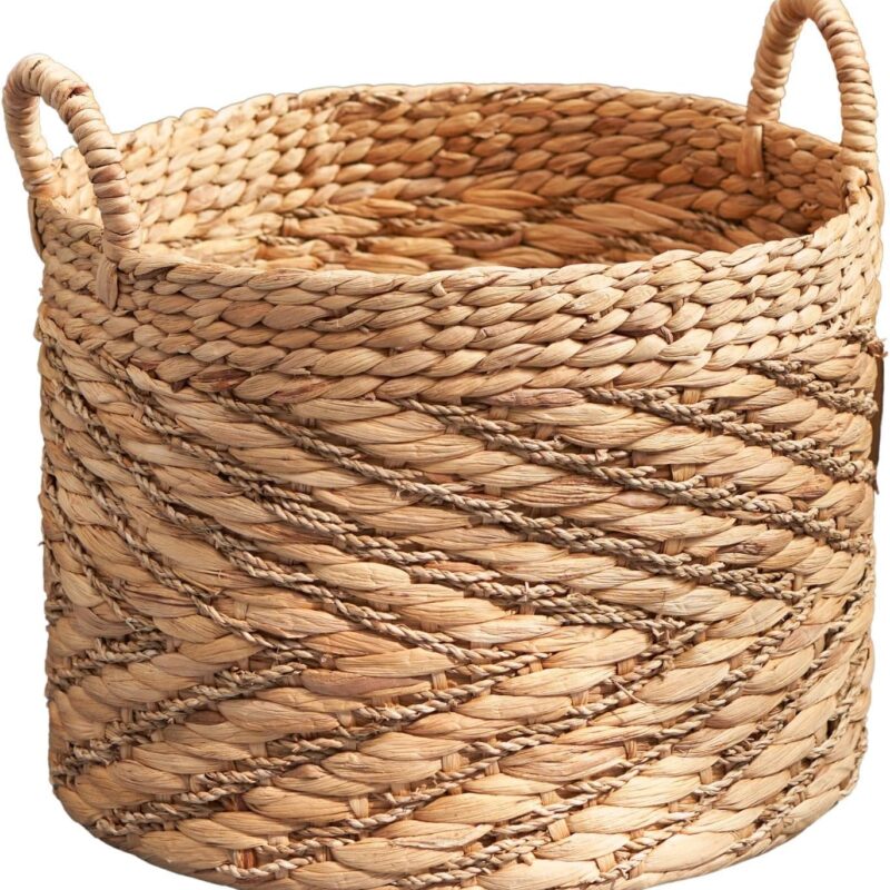 Isidore Round Water Hyacinth Seagrass Woven Basket with Handles (15" x 15" x 15" - Natural Brown) - Perfect for Halloween, Thanksgiving, and Versatile Home Storage