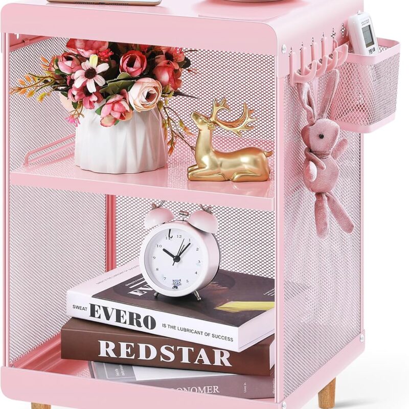 Cute Bedside Nightstand Table, Girls Metal Side Table, Kid End Table with Storage for Living Room Bedroom Kid's Room Dorm Office (Classic Pink)