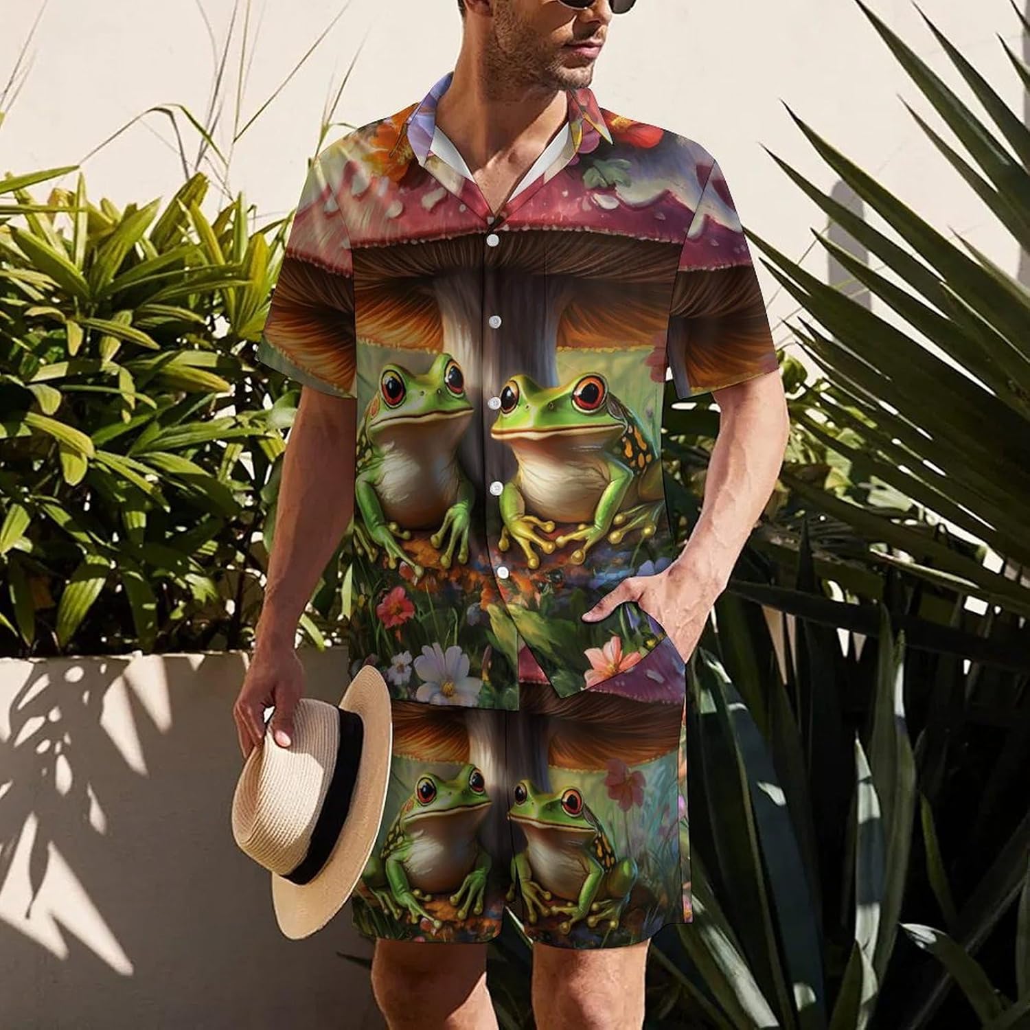 816W8DTtt8L._AC_SL1500_.jpg Frog Mushroom Hawaiian Shirt for Men Set Short Sleeve Shirts And Shorts Beach Shirt Tracksuit Outfits - Image 2