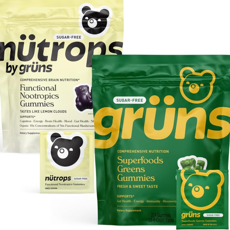 Gruns Superfood Green + New Nütrops Gummy Bear Sugar-Free Bundle, Nutritional Supplement 2-Pack, multivitamin + prebiotics + Greens + Nootropic Mushroom Herbal Supplement to Support Mood and Focus