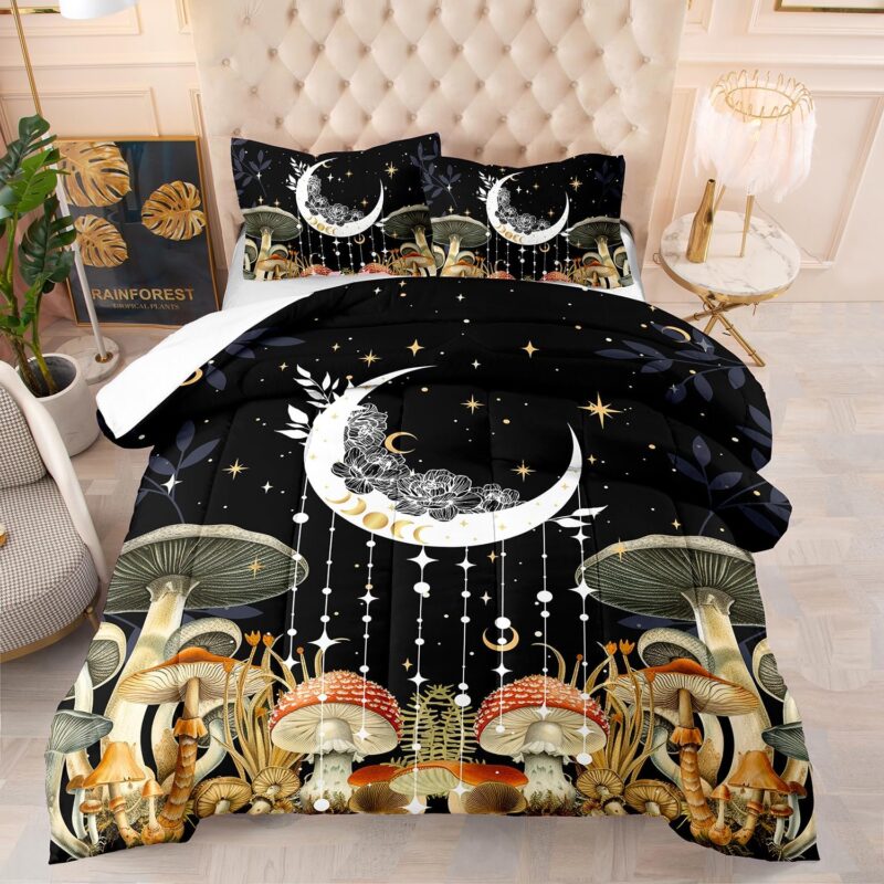 AILONEN Queen Bedding Set,Sun and Moon Boho Mushroom Comforter Set,Natural Wild Fungus Bedding Set for Kids Boys Girls,Bohemian Plant Comforter with 2 Pillowcases,3 Piece