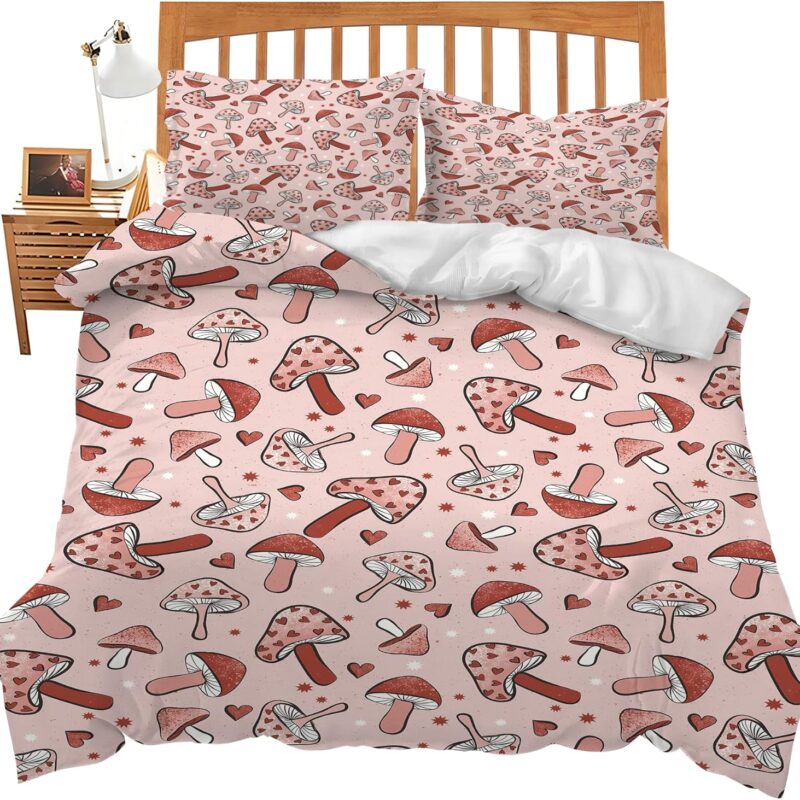 Mushroom Bedding Mushroom Theme Comforter Set Duvet Cover Bedroom Decor Soft Twin Full Queen King Size Quilt Cover with 2 Pillowcases for Kids Teens Adults Women Men 90x90