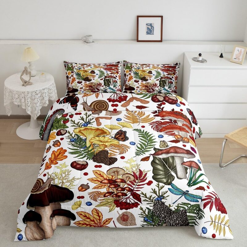 Castle Fairy Mushroom Boys Girls Comforter Set,Rustic Wild Plants Duvet Set for Room Decor,Nature Burgundy Plant Snail Brushed Microfiber Soft Quilt Cover,Full