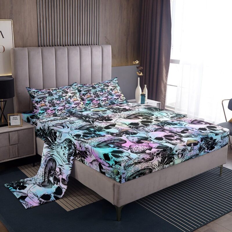 Castle Fairy Cute Mushroom Bed Sheet Set Queen for Girls Skeleton Skull Print Bed Sheets Bedroom Psychedelic Plant Sheets Set Lightweight Watercolor Gradient Blue Purple Bed Set with 2 Pillowcases