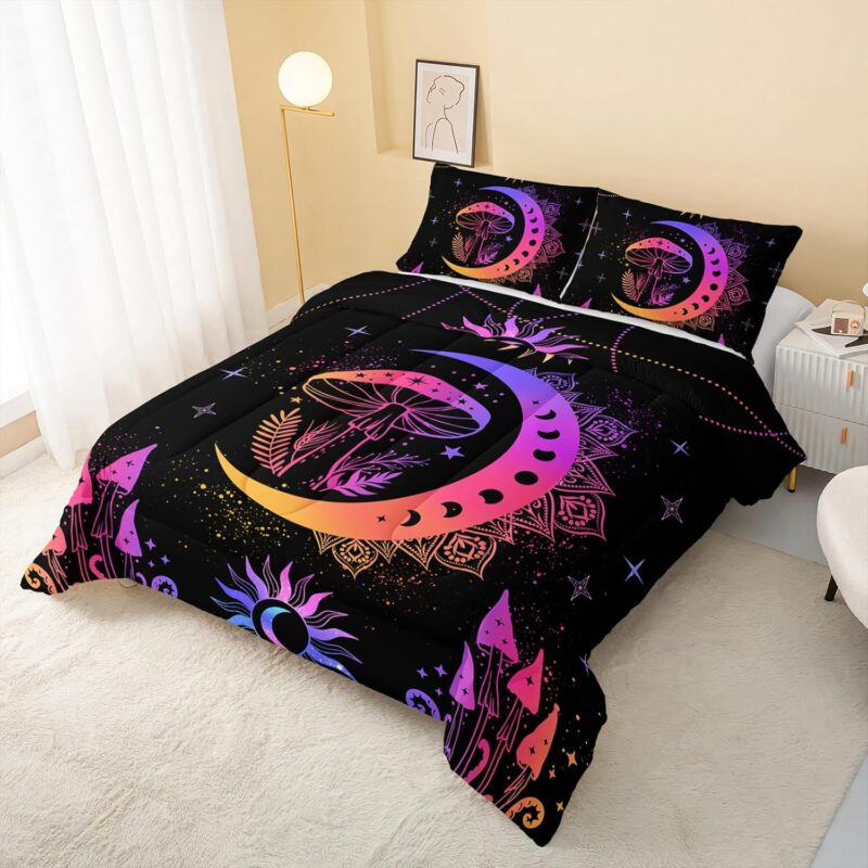 QOOMO Colored Mushroom Fungal Plants Bedding Set Neon Gradient Color for Boys Girls Teen Room Decoration Sun Moon Cute Kids Comforter Set Queen Size 1 Comforter Set 2 Pillowcases