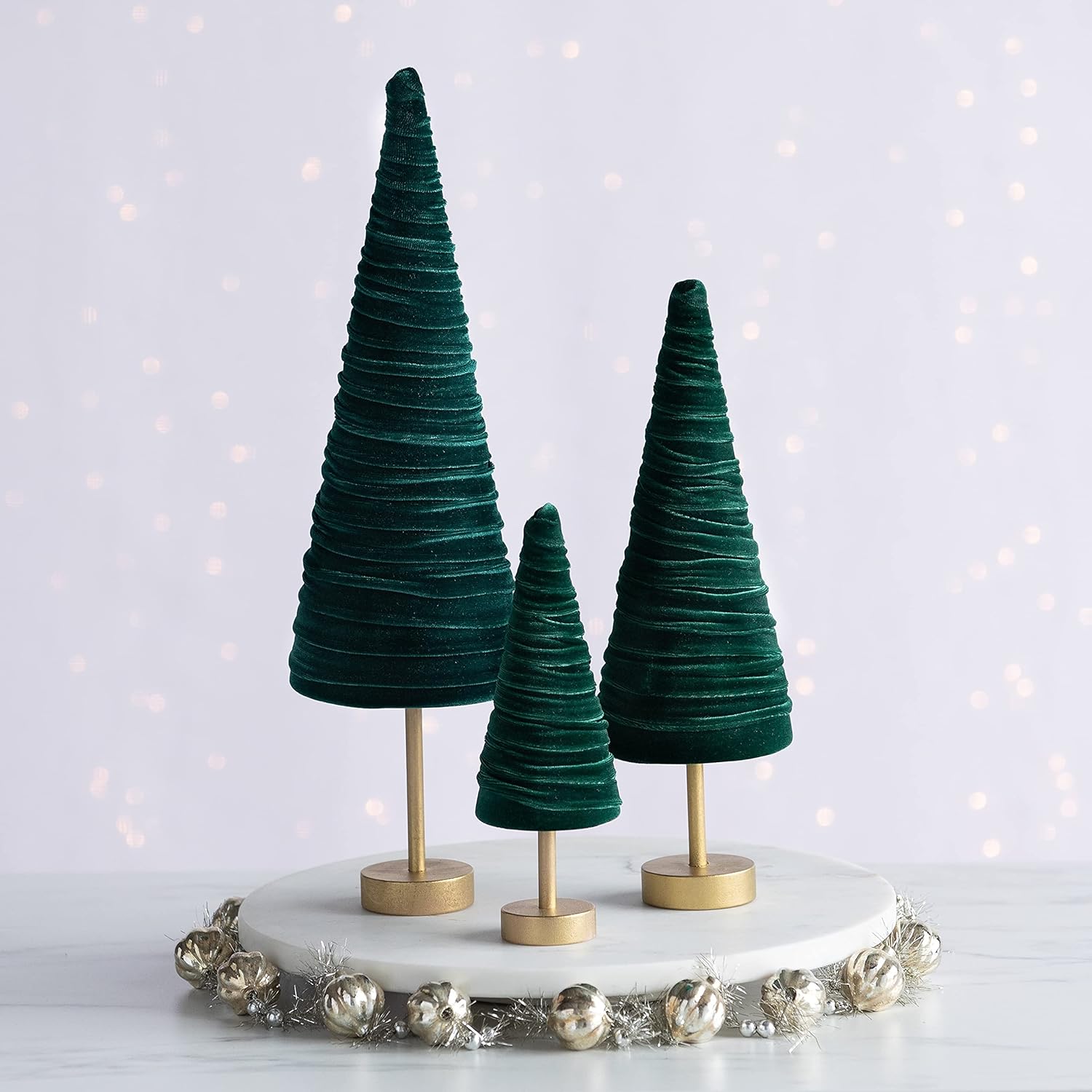 818RxYAnIIS._SL1500_.jpg Emerald pedestal velvet trees set of 3, handmade mantel décor, luxurious green Christmas tablescape, wedding centerpiece, modern farmhouse (Emerald)