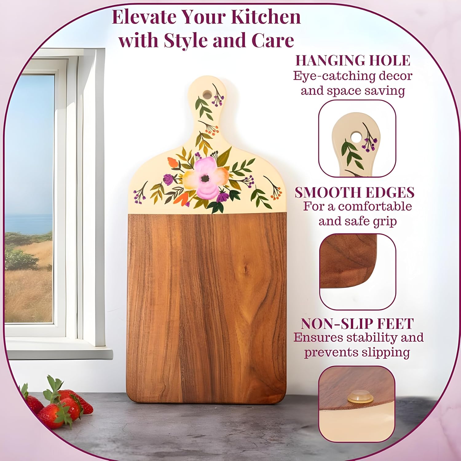 819IK92WBCL._AC_SL1500_.jpg Acacia Wood Cutting Board for Kitchen – Large Wooden Decorative Hand Painted for Charcuterie Chopping Cheese bread and meat - With Handle (21 x 10 x 0.8 in) (Pink) - Image 2