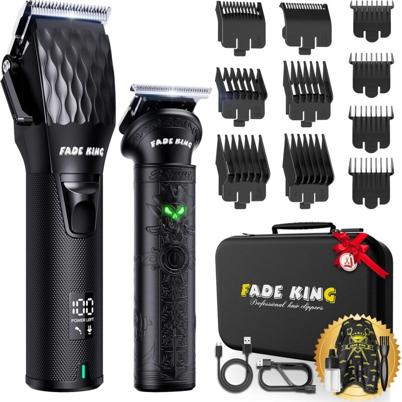FADEKING® Professional Hair Clippers for Men - Cordless Beard Trimmer for Men, LCD Display Hair Clippers and Trimmer Set for Barber Haircut & Mens Grooming with Travel Case(Black)